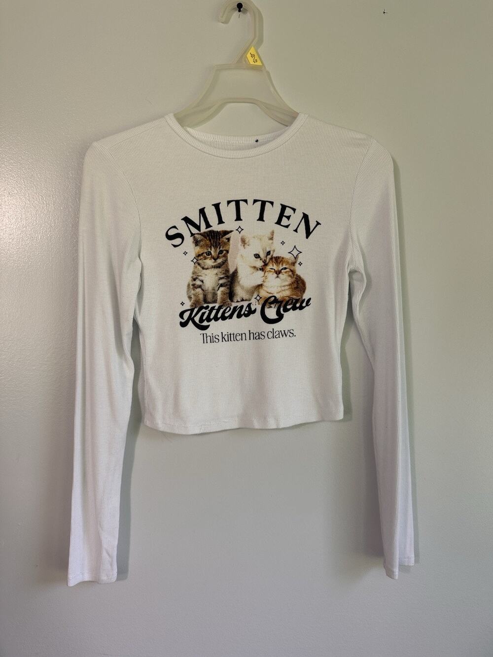 Kitten Claws Long Sleeve Shirt Juniors Small White READ Ribbed Cropped